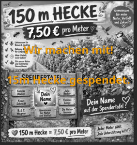 Graustufen-Plakat für eine Hecken-Spendenaktion: Im Hintergrund eine blühende Hecke mit Insekten und Vögeln. Im Vordergrund orange Schrift mit den Texten 'Wir machen mit!' und '15m Hecke gespendet.'. Das Plakat wirbt für den Schutz von Lebensräumen und betont, dass jeder Meter Hecke 7,50 € pro Meter kostet. Am unteren Rand sind Spender-Namensschilder abgebildet, darunter Platzhalter für neue Spender.